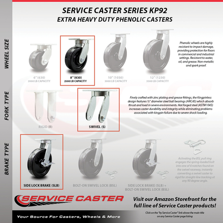 Service Caster 8 Inch Extra Heavy Duty Phenolic Wheel Caster Brakes 2 Swivel Locks SCC, 4PK SCC-KP92S830-PHR-SLB-BSL-2-SLB-2